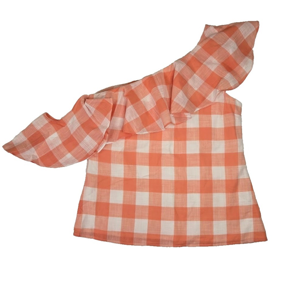 L'Academie  REVOLVE Asymmetric One‎ Shoulder Ruffle Orange Plaid Top Size SMALL